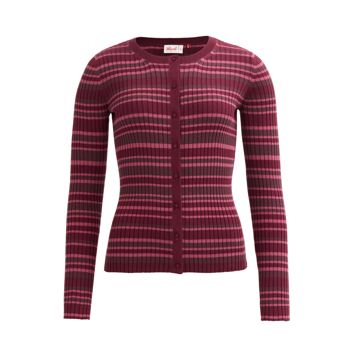 People Wear Organic Rippstrick-Cardigan, Burgund geringelt