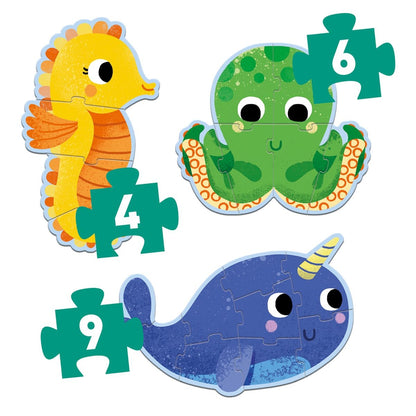 Djeco Drei erste Puzzles, Im Meer, 4, 6 und 9 Teile