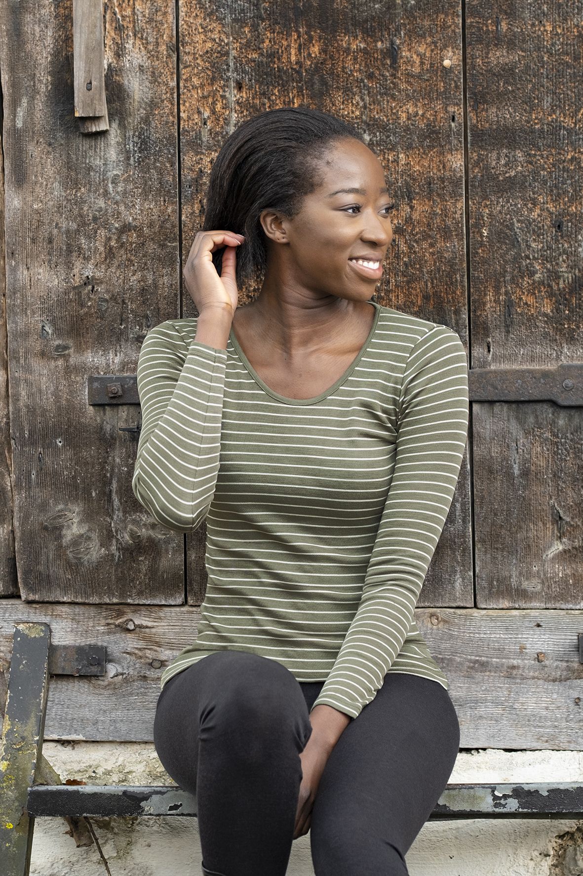 Engel Natur Damen Unterhemd/Langarmshirt Wolle/Seide, Ringel Olive/Natur