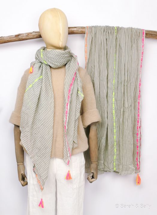 Sarah&Sally Schal Streifen Hellgrau/Beige (858)