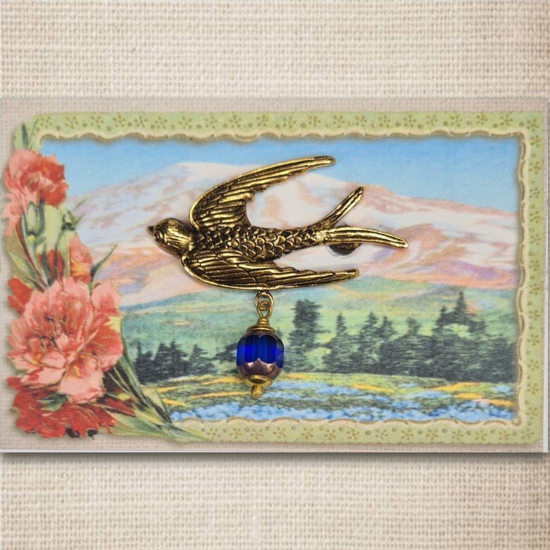 Urban Hippies Bird Brosche, Gold/Kobalt