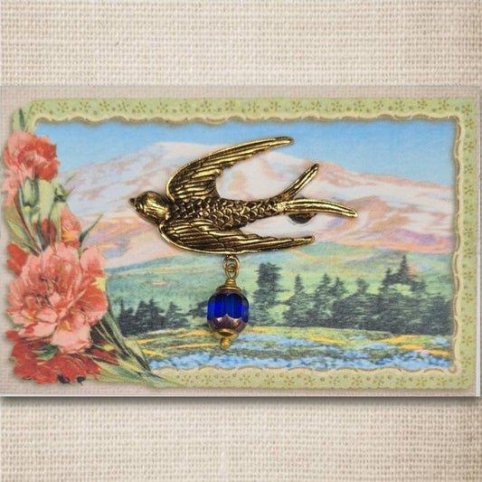 Urban Hippies Bird Brosche, Gold/Kobalt