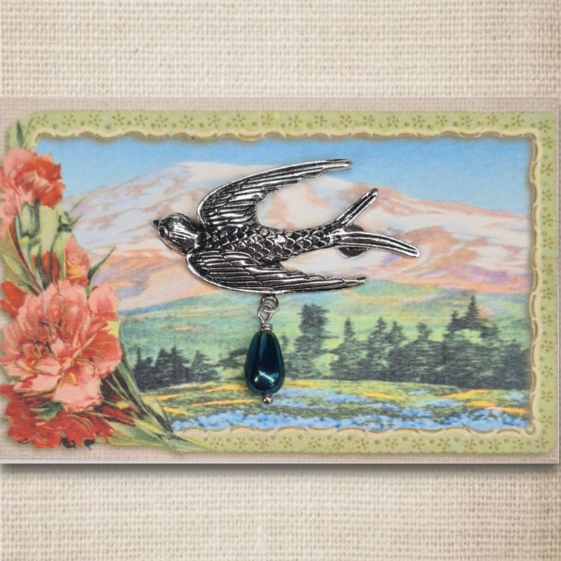 Urban Hippies Bird Brosche, Silver/Oily Blue