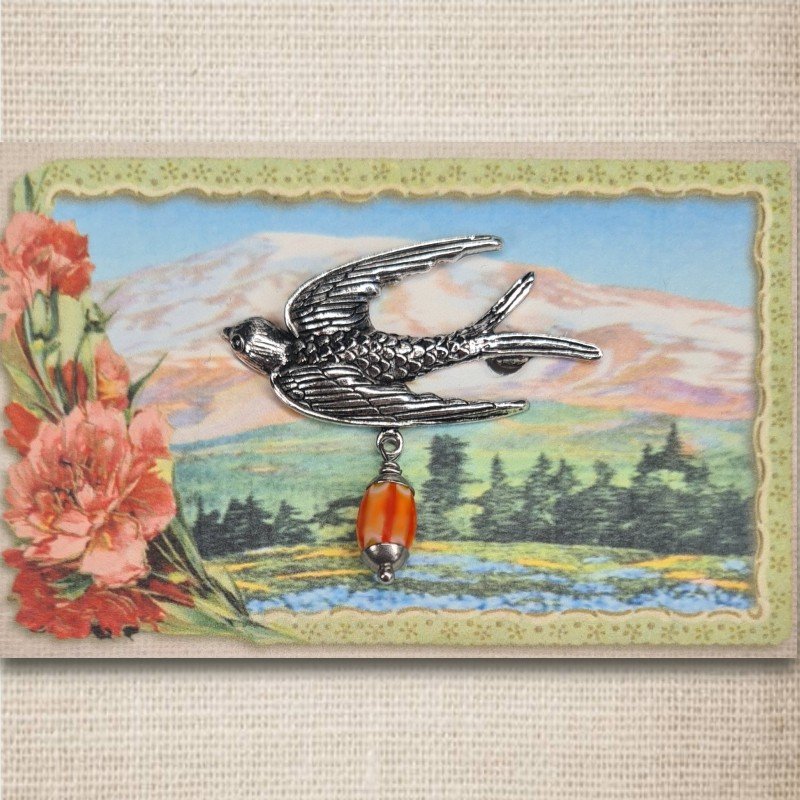 Urban Hippies Bird Brosche, Silver/Orange