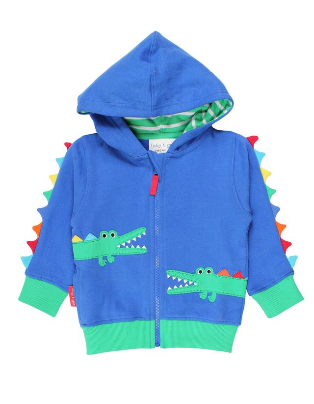 Blaue Zip-Jacke mit Kapuze und Krokodil-Applikation, Vorderseite