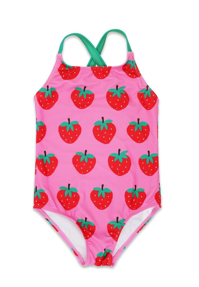 Pinker Kinder-Badeanzug mit Erdbeeren