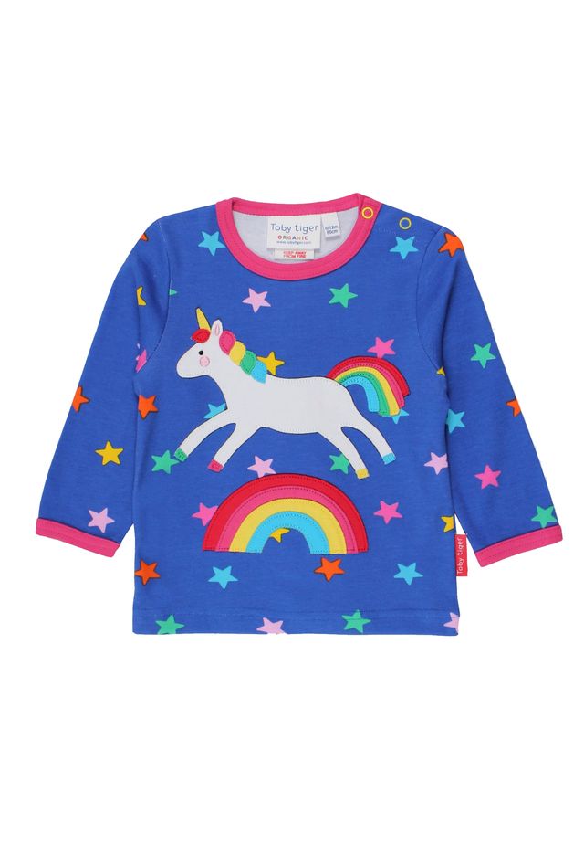 Blaues Kinder-Langarmshirt mit Regenbogen und Einhorn