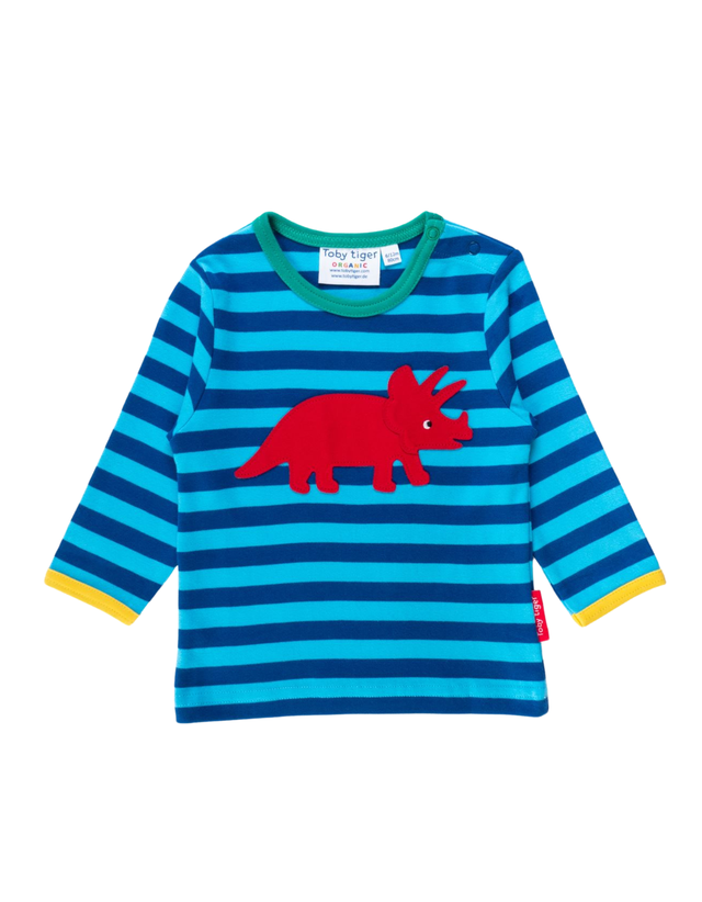 Blau geringeltes Langarmshirt mit roter Triceratops Applikation