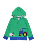 Grüne Sweatjacke mit Kapuze mit appliziertem Traktor und Schaf