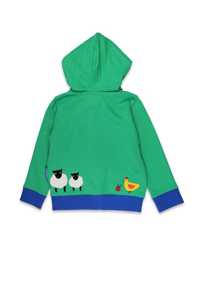 Grüne Sweatjacke mit Kapuze mit appliziertem Traktor und Schaf, Rückseite
