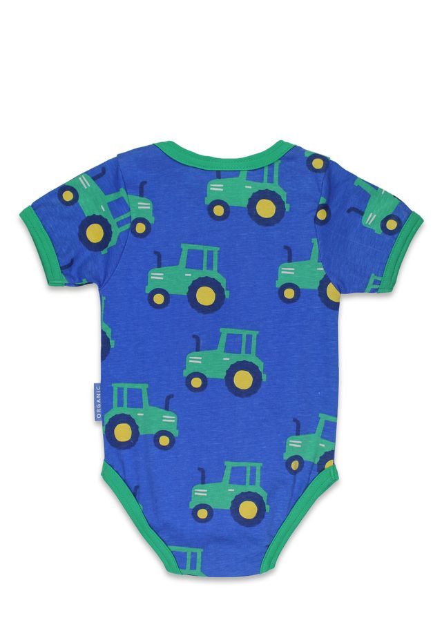Blauer Baby-Body mit grünen Traktoren