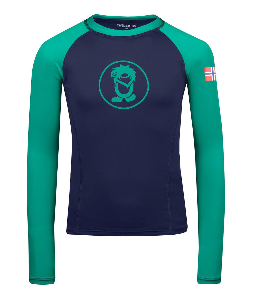 Trollkids Kvalvika Bade-Shirt langarm mit UV-Schutz, pepper green/navy
