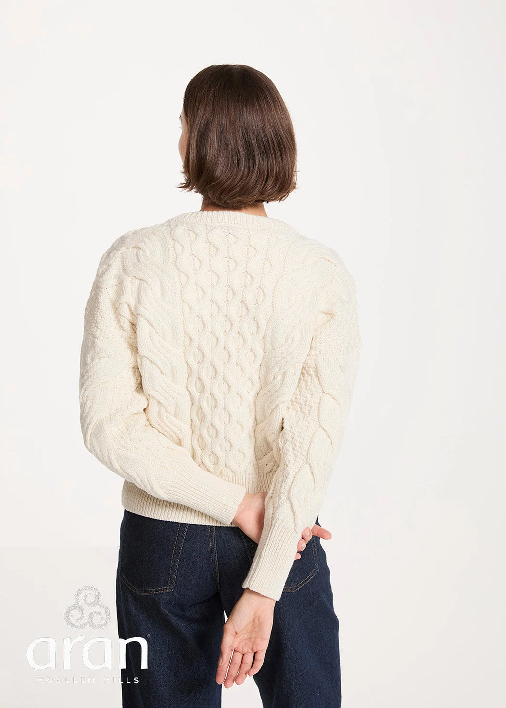 Aran Merino-Pullover kurz, weiß