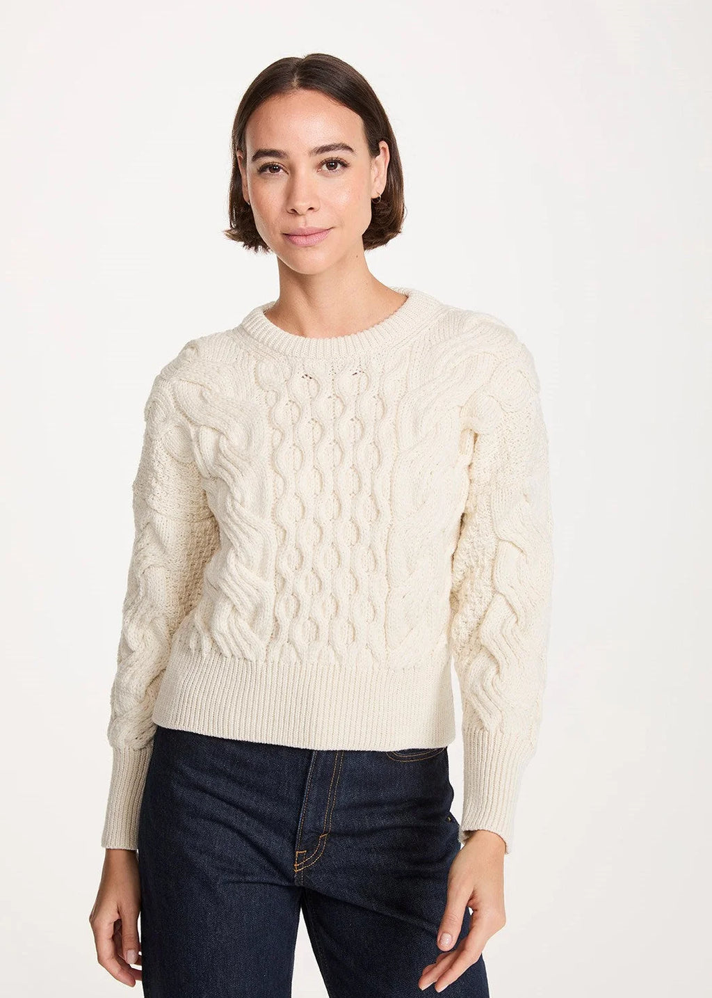 Aran Merino-Pullover kurz, weiß