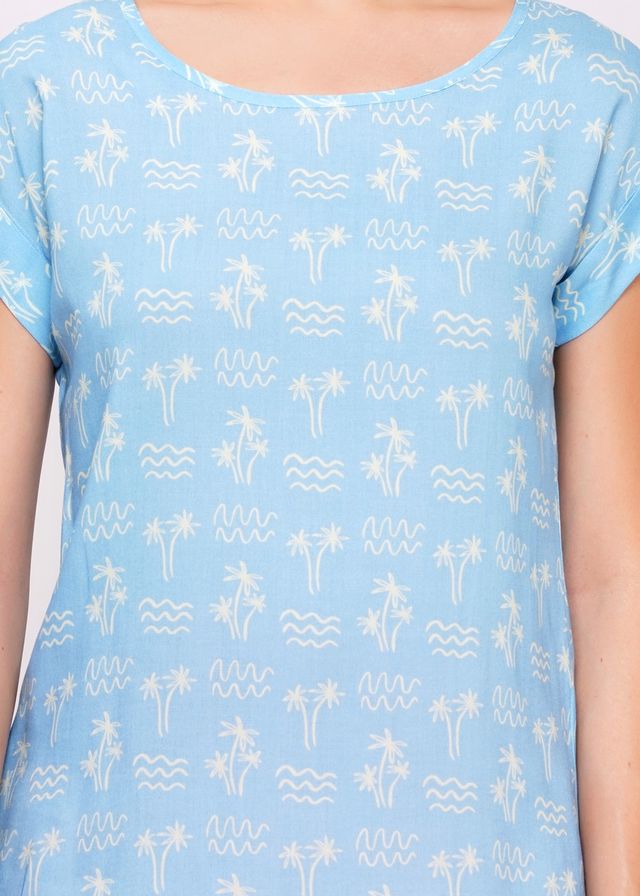 Hellblaues Blusenshirt von Circus mit Palmenprint in Weiß, Detailansicht