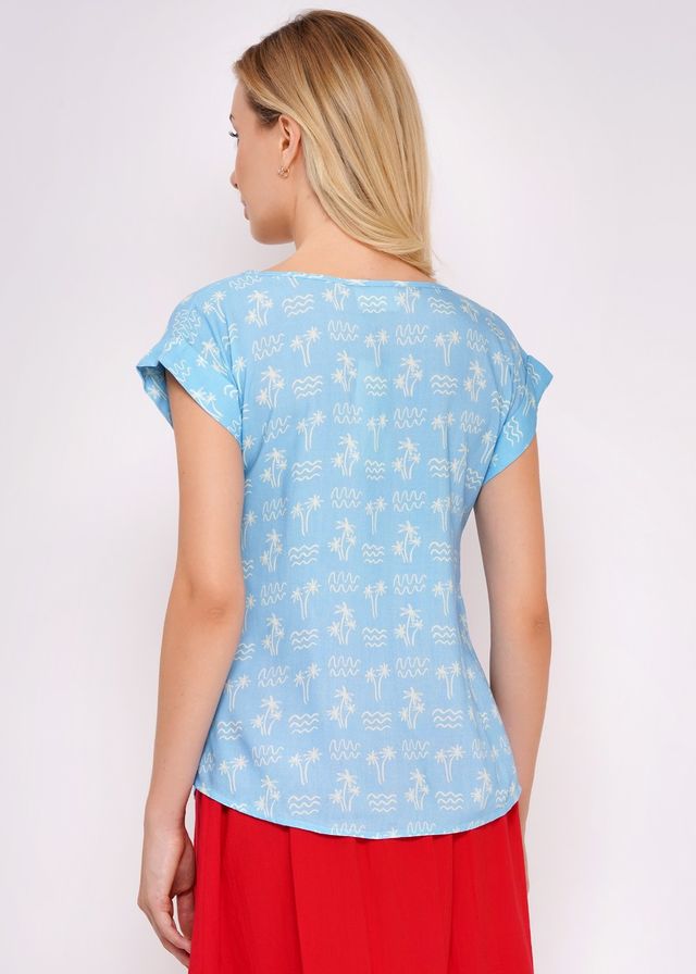 Hellblaues Blusenshirt von Circus mit Palmenprint in Weiß, Rückseite
