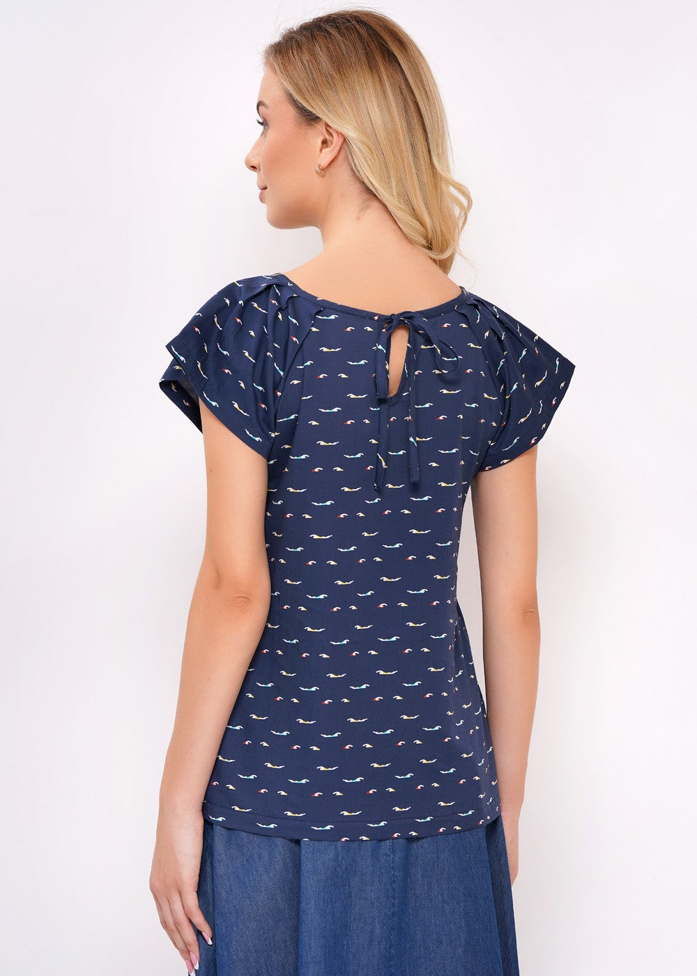 Dunkelblaue Bluse mit Flügel-Ärmelchen und Schwimmer-Print, Rückseite