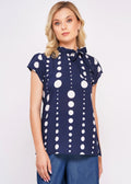 Dunkelblaue Bluse mit Schleife und Polka-Dots