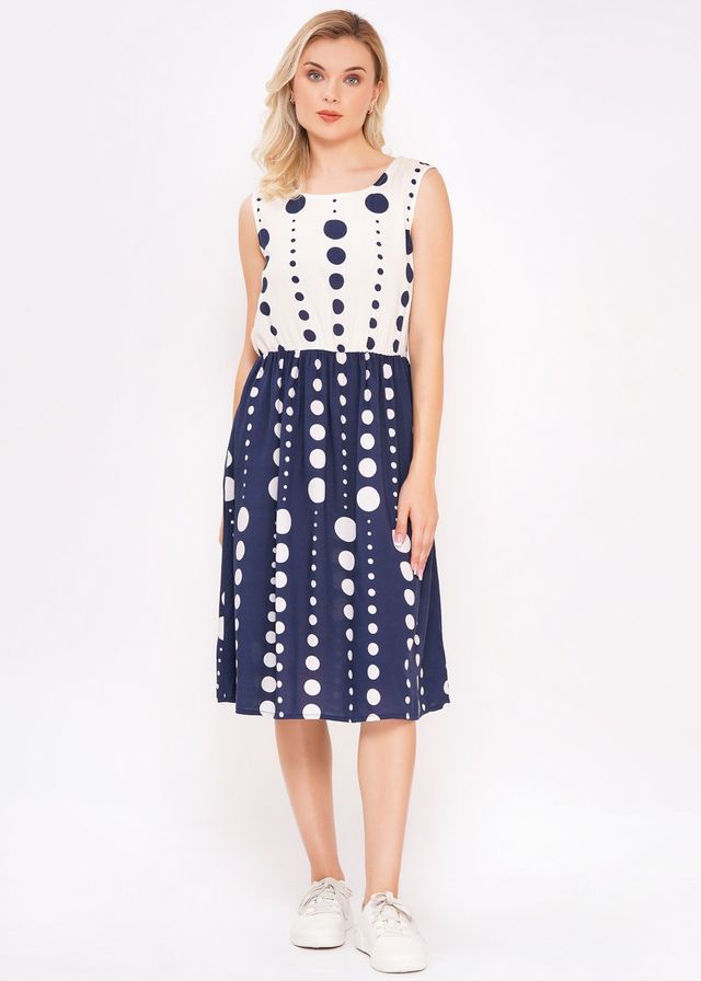 Ärmelloses Sommerkleid mit Polka-Dots in Navy und Weiß