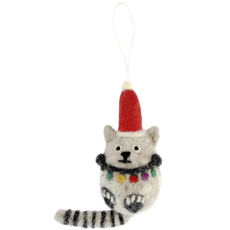 Filzanhänger Katze mit Lichterkette, hellgrau