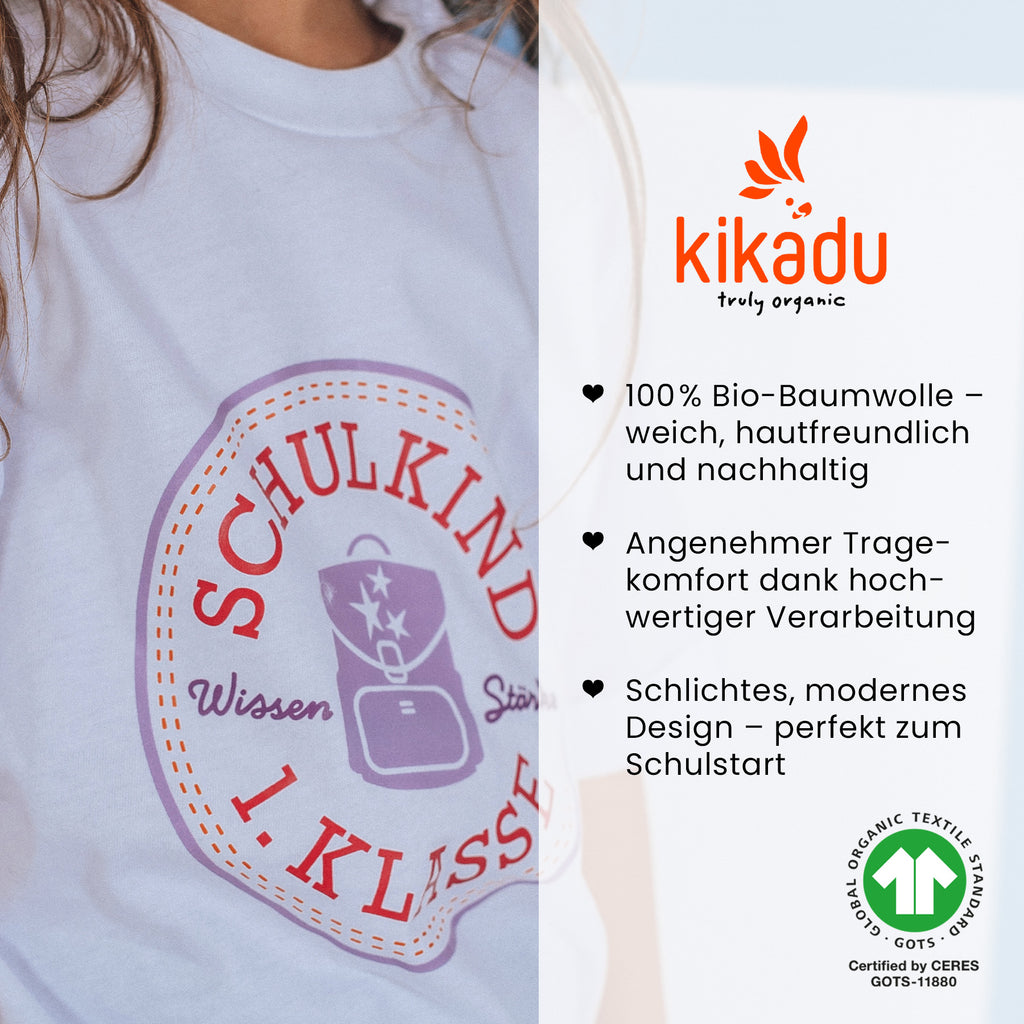 Weißes Kinder-T-Shirt mit Aufschrift Schulkind und 1. Klasse