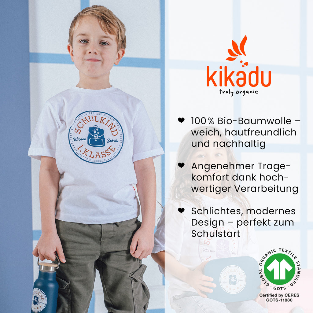 Weißes Kinder-T-Shirt mit Aufschrift Schulkind und 1. Klasse