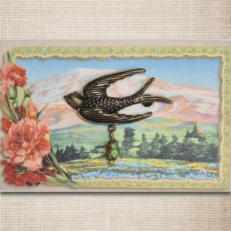 Urban Hippies Bird Brosche, Bronze/Green Marble