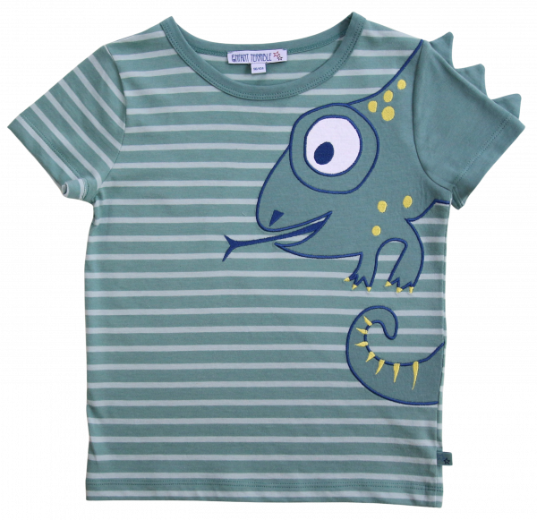 Enfant Terrible Streifen T-Shirt Applikation Chamäleon, mint-sage | Bio-Kindermode bei Das bunte Chamäleon in Bamberg und online