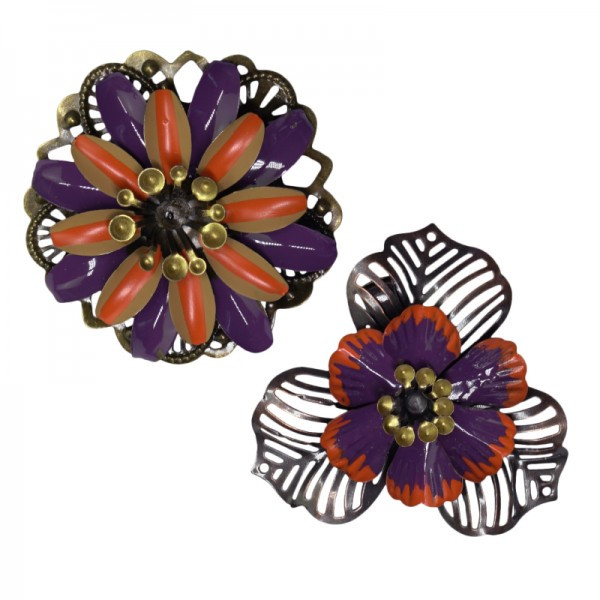 Urban Hippies Metallblume Tiki-Set, Brosche/Haarbrosche, Lila/orange